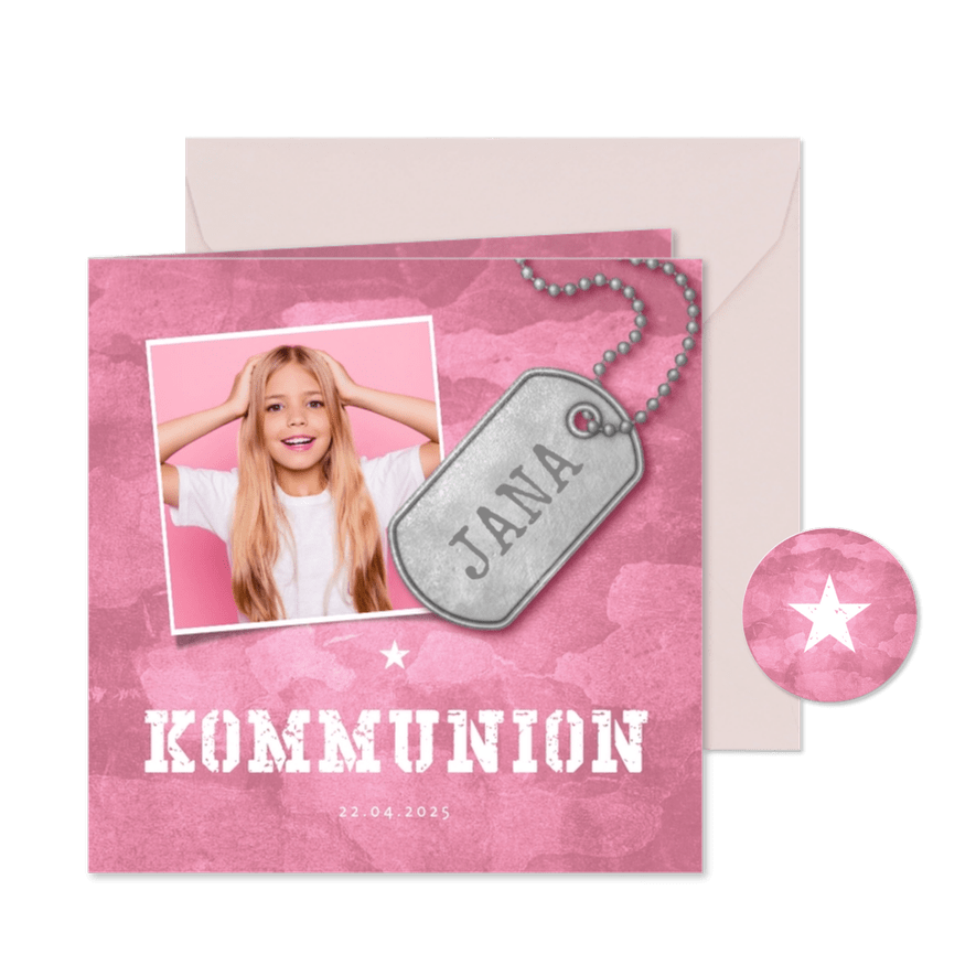 Einladungskarte zur Kommunion rosa Militarylook mit Fotos - Karteneindruck