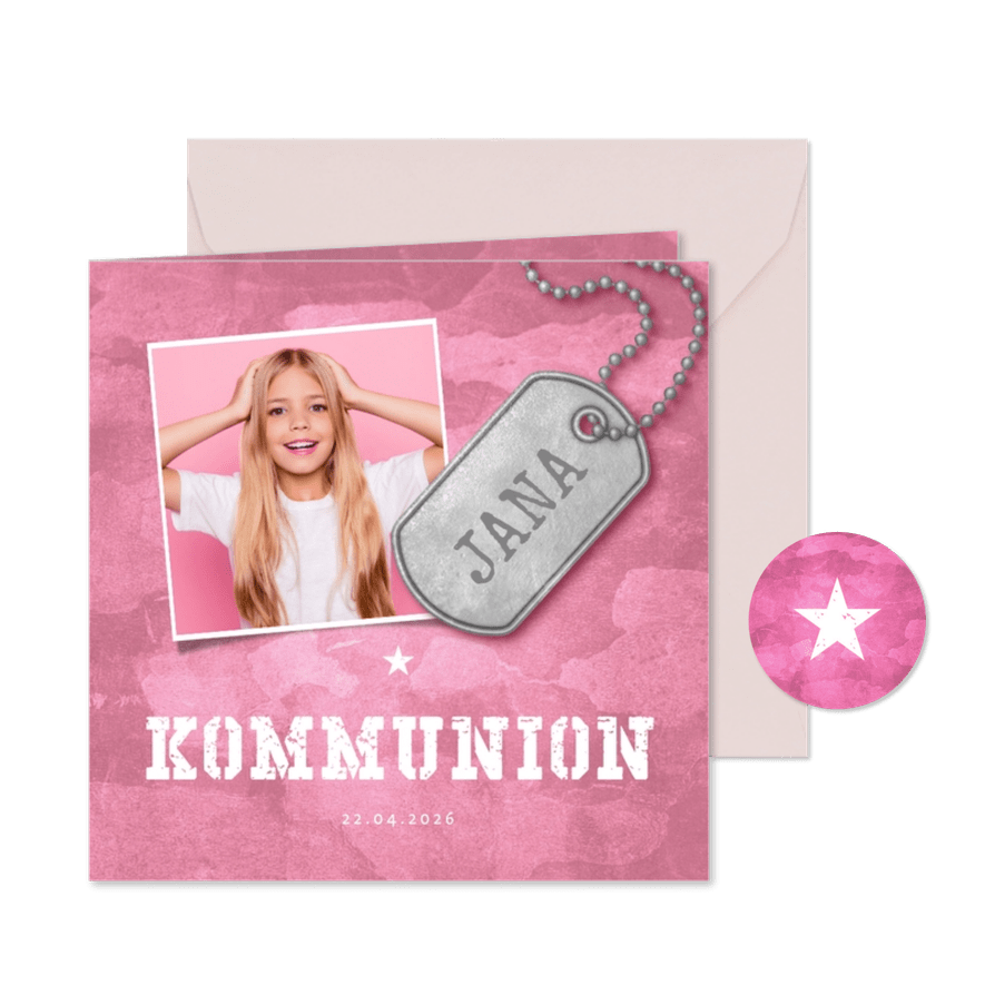 Einladungskarte zur Kommunion rosa Militarylook mit Fotos - Karteneindruck