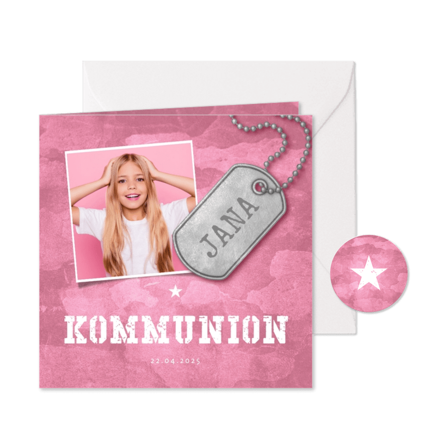 Einladungskarte zur Kommunion rosa Militarylook mit Fotos - Karteneindruck
