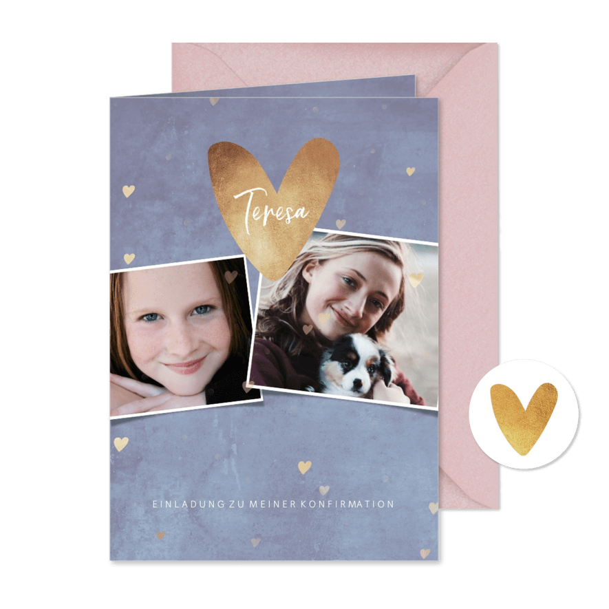 Einladungskarte zur Konfirmation Herzen & Fotocollage - Karteneindruck
