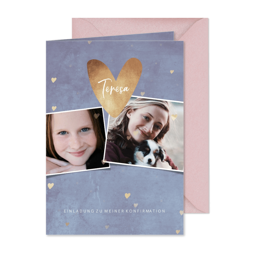 Einladungskarte zur Konfirmation Herzen & Fotocollage - Karteneindruck