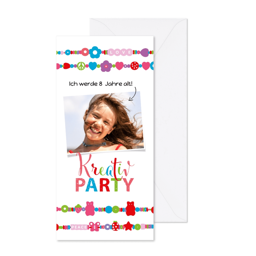 EInladungskarte zur Kreativparty mit bunten Perlen 8 Jahre - Kartenvorschau
