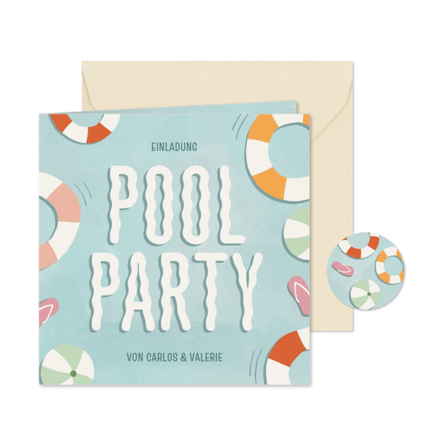 Einladungskarte zur Poolparty Schwimmringe - Karteneindruck
