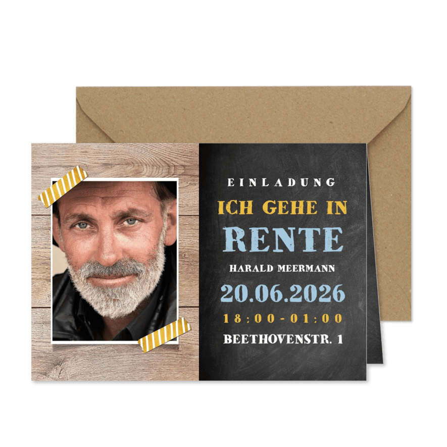 Einladungskarte zur Rentnerfeier mit Foto auf Holz - Kartenvorschau