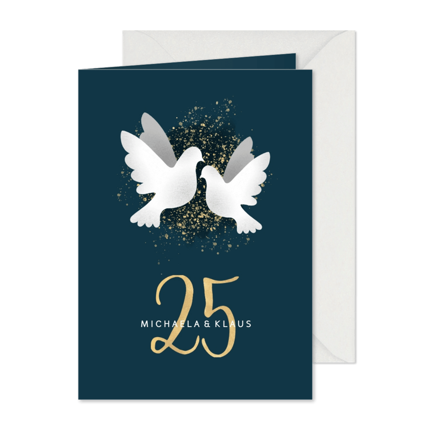 Einladungskarte zur Silberhochzeit dunkelblau mit Tauben - Karteneindruck