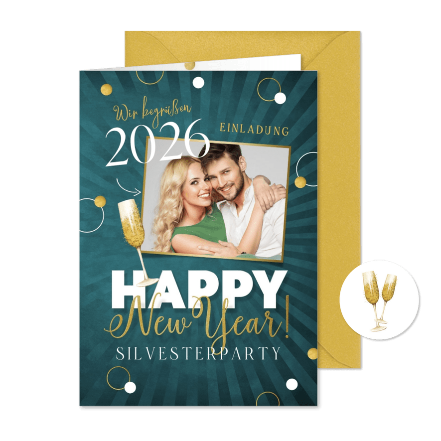 Einladungskarte zur Silvesterparty Foto & Konfetti - Karteneindruck