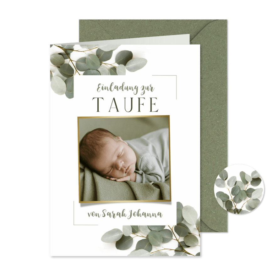 Einladungskarte zur Taufe Eukalyptus mit Foto & Rahmen - Karteneindruck

