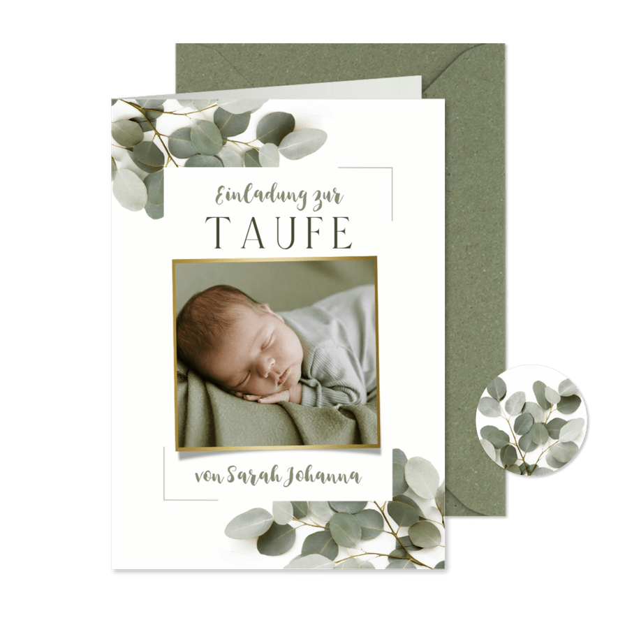 Einladungskarte zur Taufe Eukalyptus mit Foto & Rahmen - Kartenvorschau