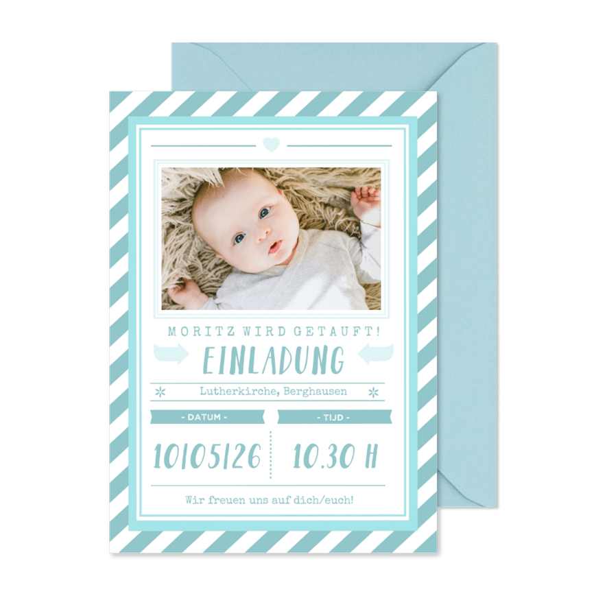 Einladungskarte zur Taufe Foto grafisch blau - Karteneindruck
