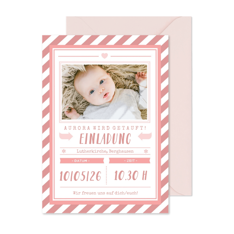Einladungskarte zur Taufe Foto grafisch rosa - Karteneindruck
