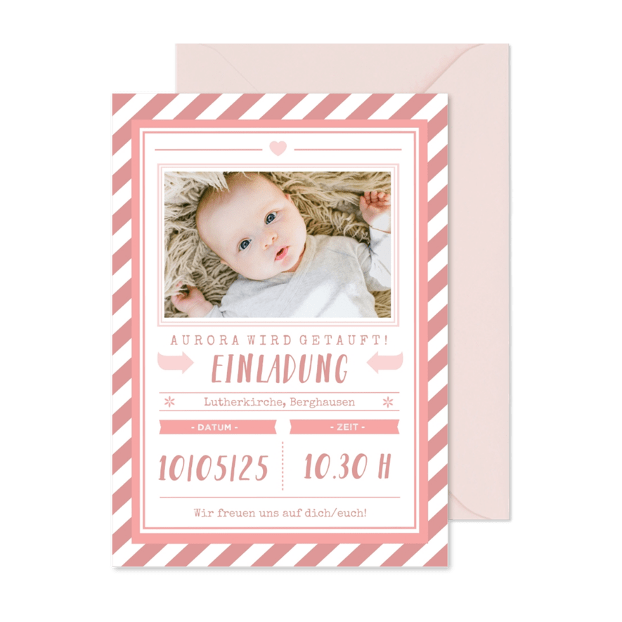 Einladungskarte zur Taufe Foto grafisch rosa - Karteneindruck
