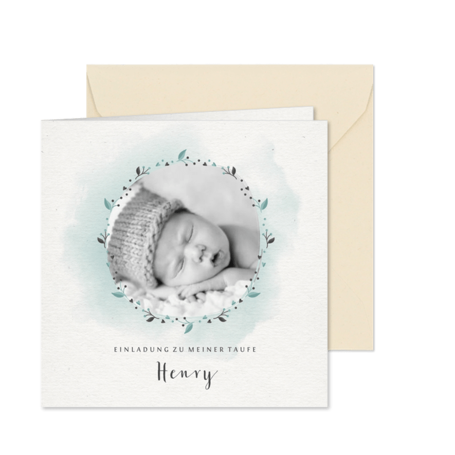 Einladungskarte zur Taufe Foto grüner Blumenkranz - Karteneindruck
