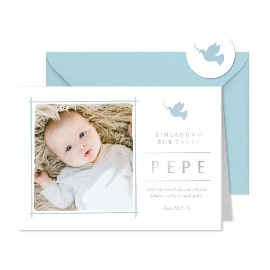 Einladungskarte zur Taufe Foto hellblaue Taube - Karteneindruck
