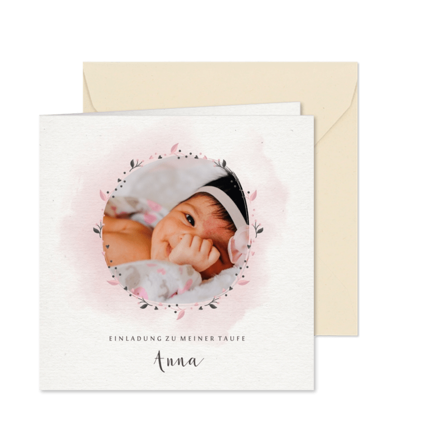 Einladungskarte zur Taufe Foto rosa Blumenkranz - Karteneindruck