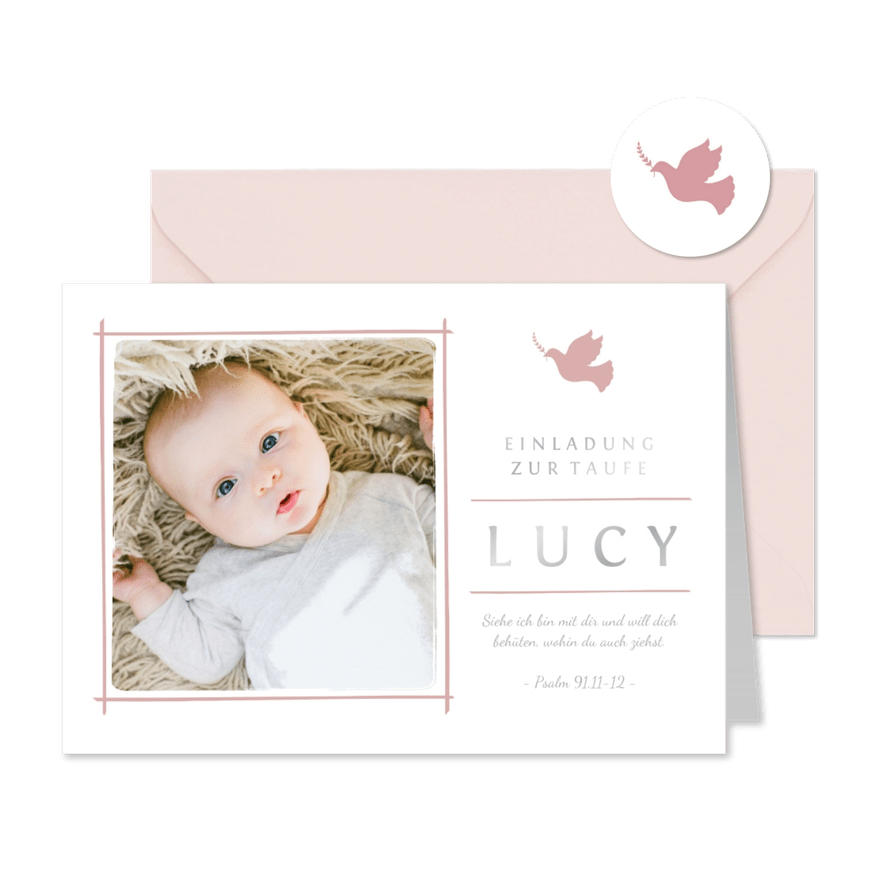Einladungskarte zur Taufe Foto rosé Taube - Karteneindruck
