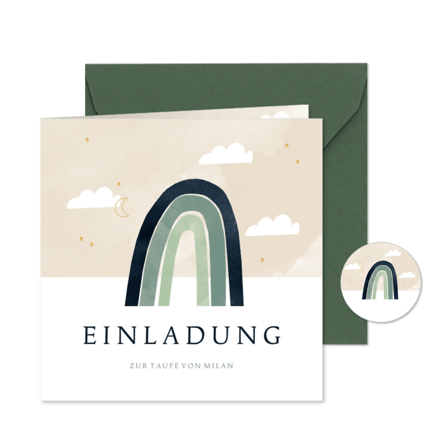 Einladungskarte zur Taufe grüner Regenbogen & Wolken - Karteneindruck