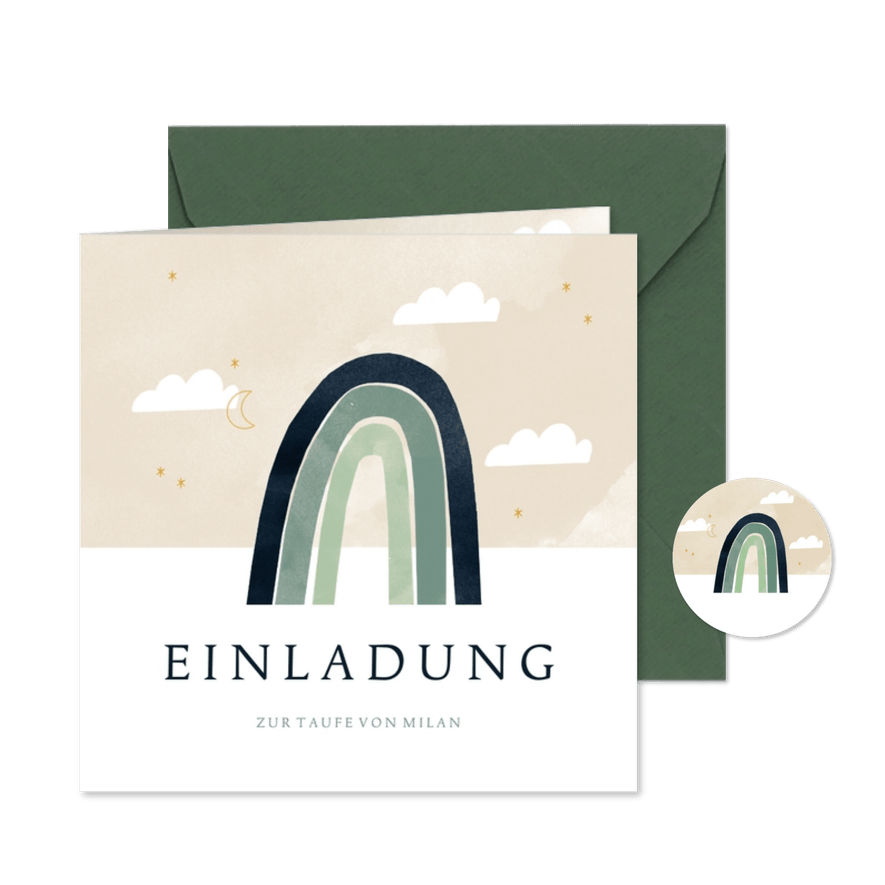 Einladungskarte zur Taufe grüner Regenbogen & Wolken - Karteneindruck