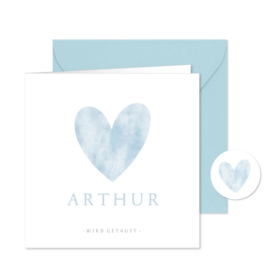 Einladungskarte zur Taufe in Aquarell blau Foto innen & Herz - Karteneindruck
