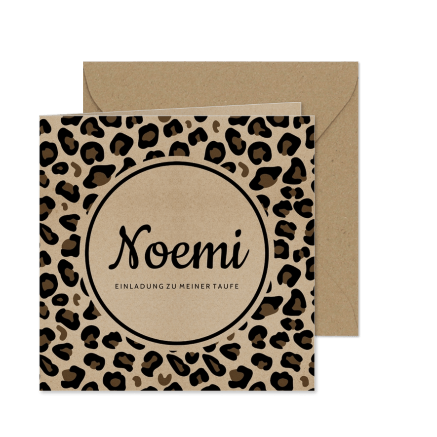Einladungskarte zur Taufe Leopardenprint Kraftpapierlook - Karteneindruck