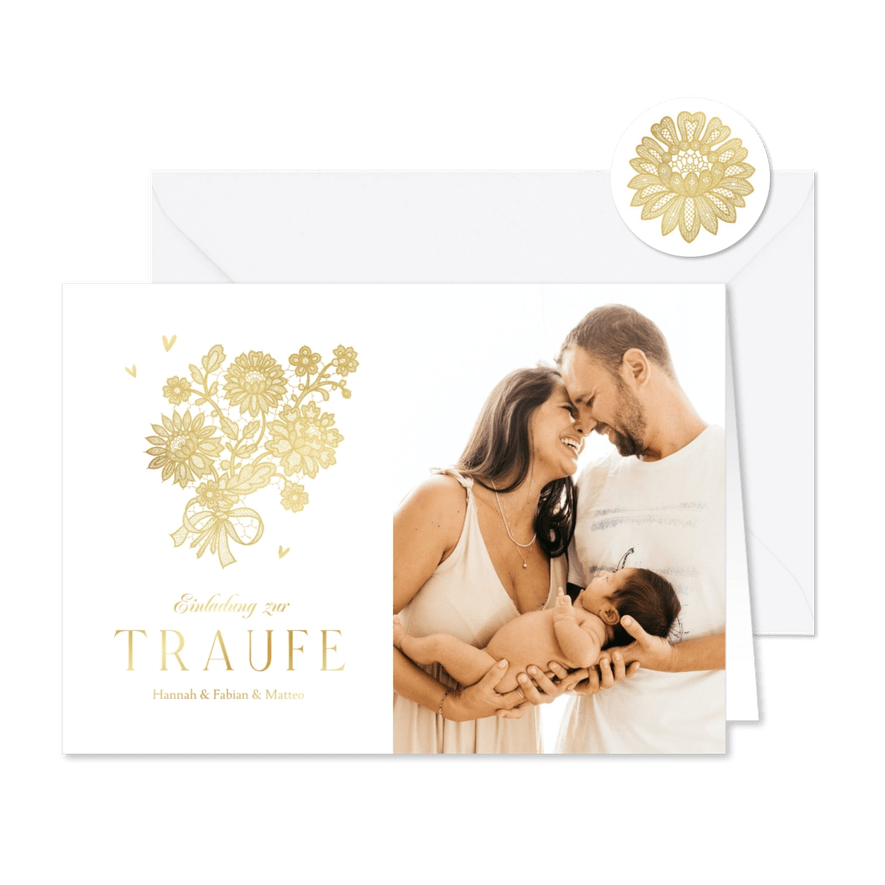Einladungskarte zur Traufe Spitze, Foto & Goldakzente - Karteneindruck