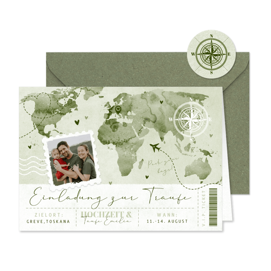 Einladungskarte zur Traufe Weltkarte & Foto - Karteneindruck
