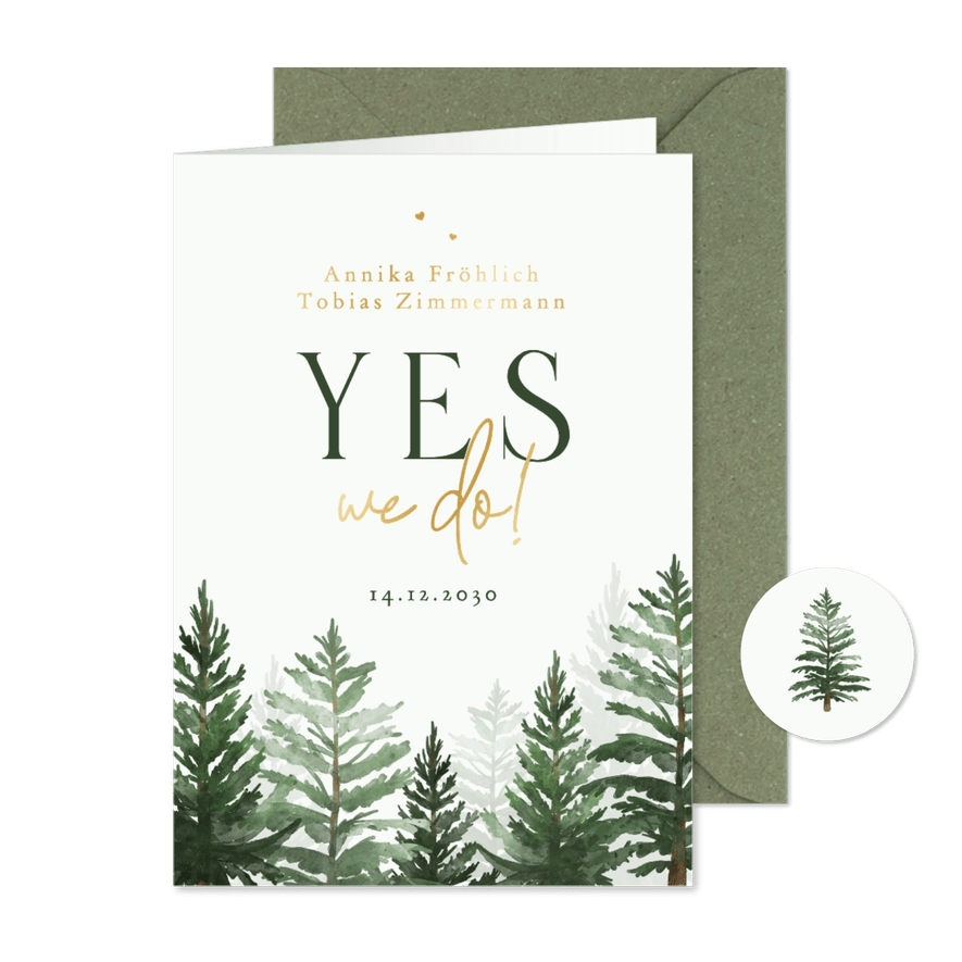 Einladungskarte zur Winter Hochzeit Tannenbäume - Karteneindruck
