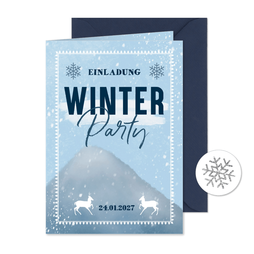Einladungskarte zur Winterparty mit Berg und Schnee - Karteneindruck