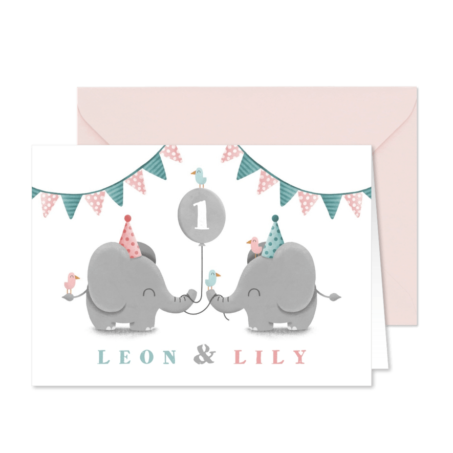 Einladungskarte Zwillinge blau-rosa Elefanten mit Luftballon - Karteneindruck