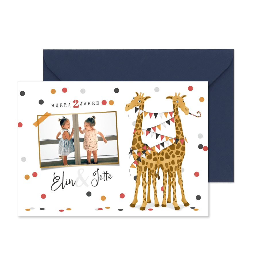 Einladungskarte Zwillinge Foto, Giraffen und Konfetti - Karteneindruck