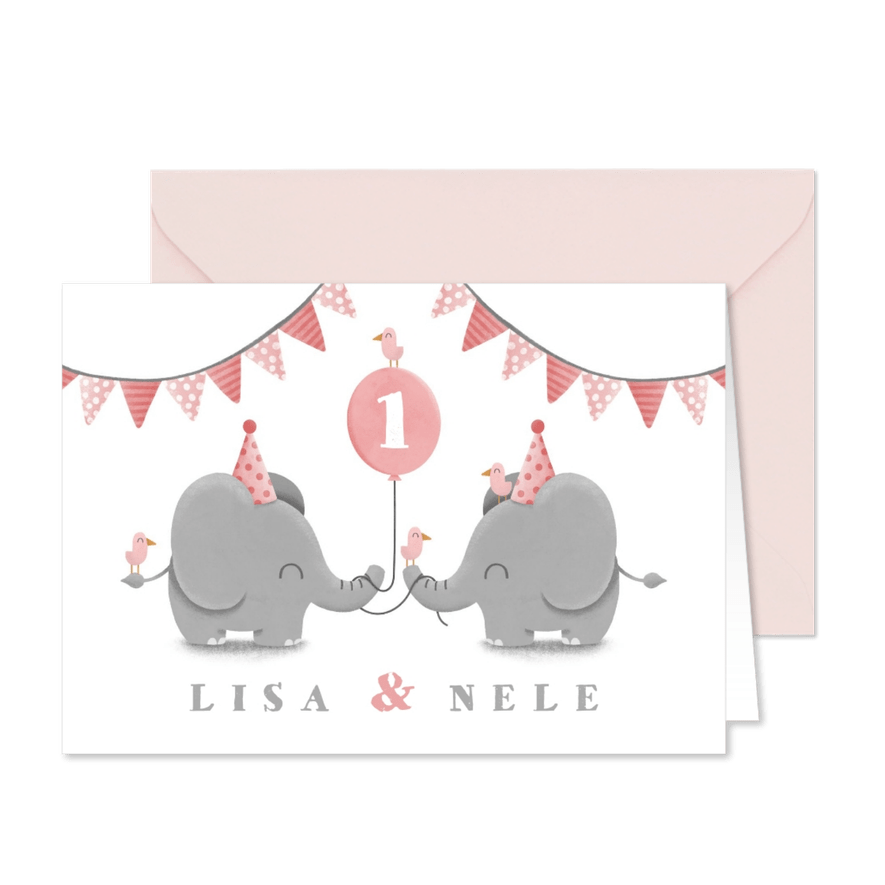 Einladungskarte Zwillinge rosa Elefanten mit Luftballon - Karteneindruck
