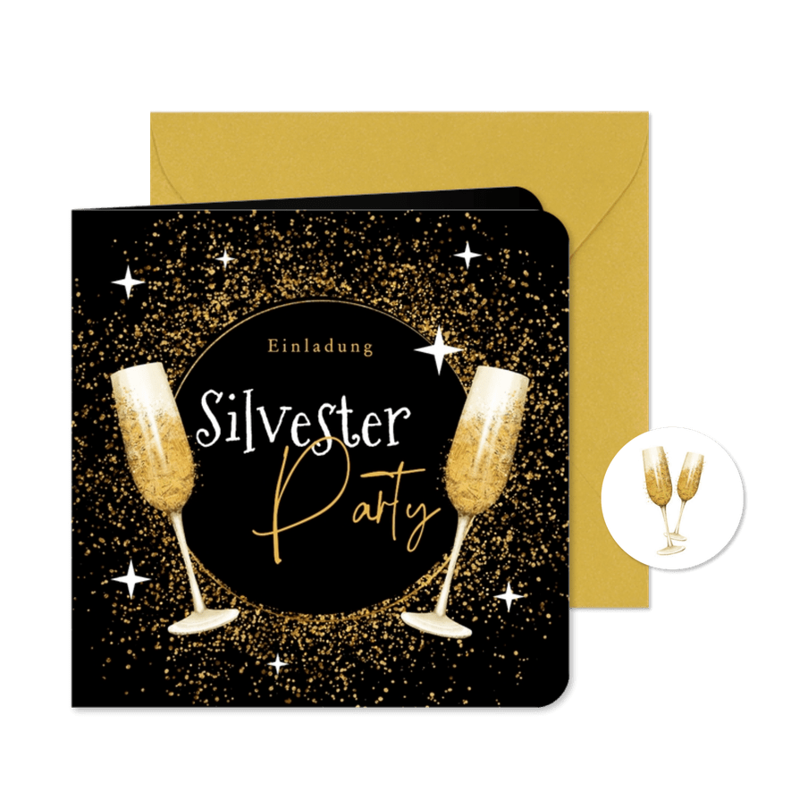 EinladungskarteNeujahr Silvesterparty Goldstaub Sektgläser - Karteneindruck