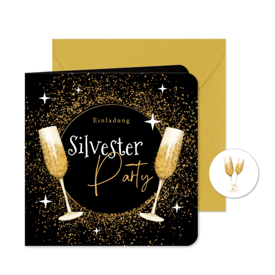 EinladungskarteNeujahr Silvesterparty Goldstaub Sektgläser - Karteneindruck