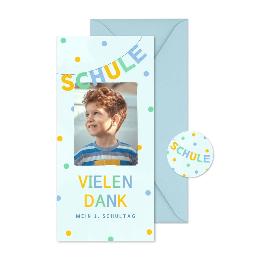 Einschulung Dankeskarte blau Foto & Konfetti - Kartenvorschau