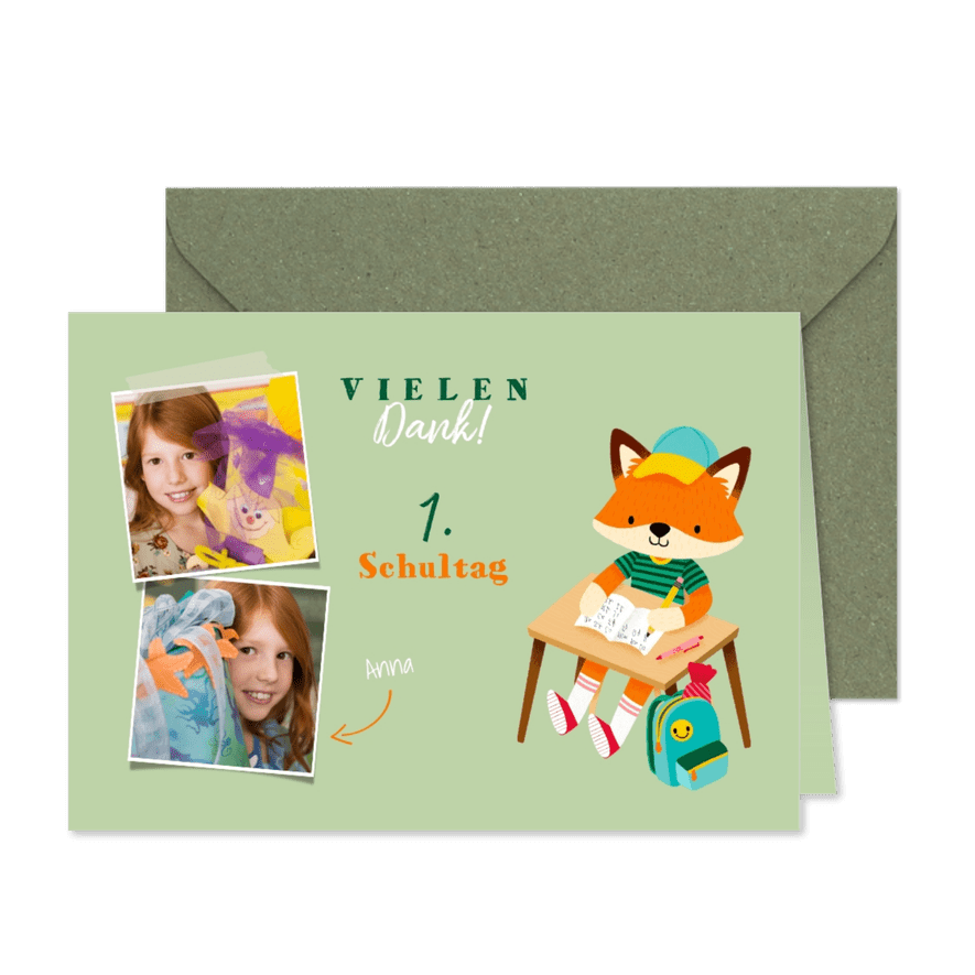 Einschulung Dankeskarte hellgrün Foto & Fuchs - Karteneindruck