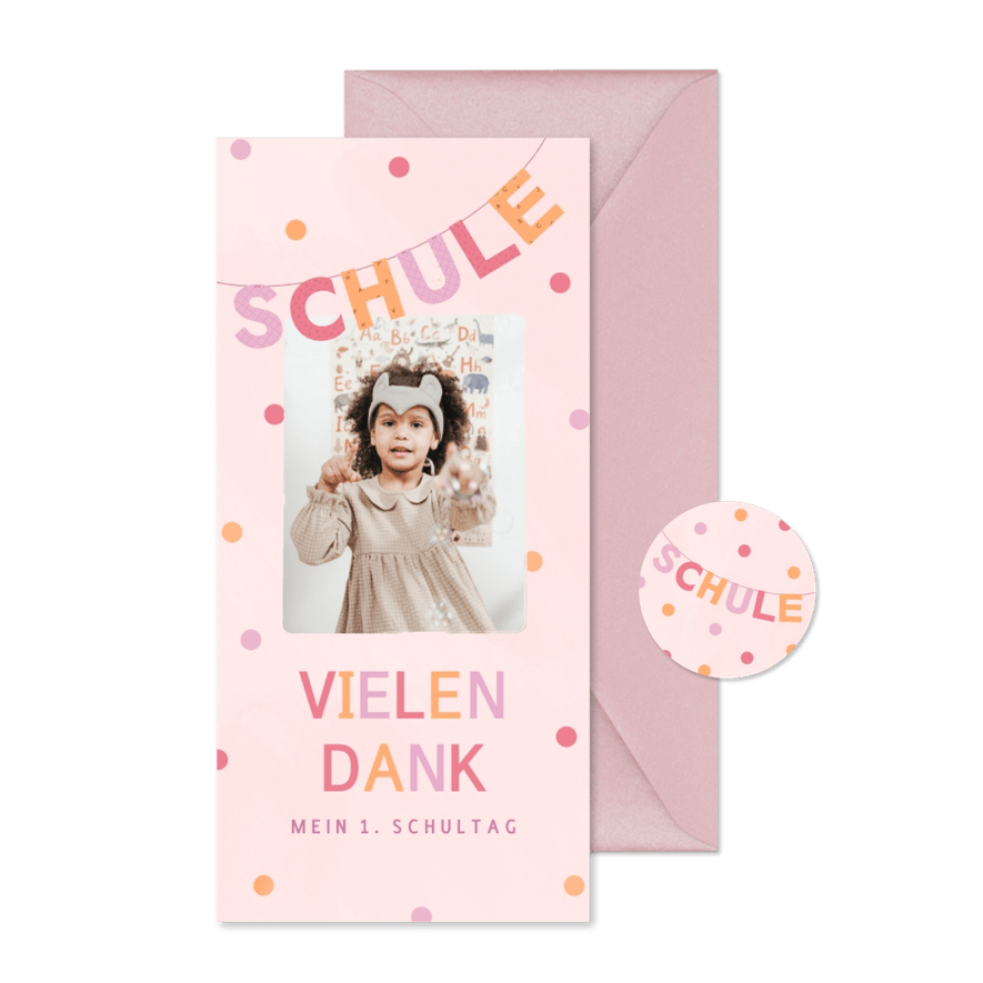 Einschulung Dankeskarte rosa Foto & Konfetti - Kartenvorschau