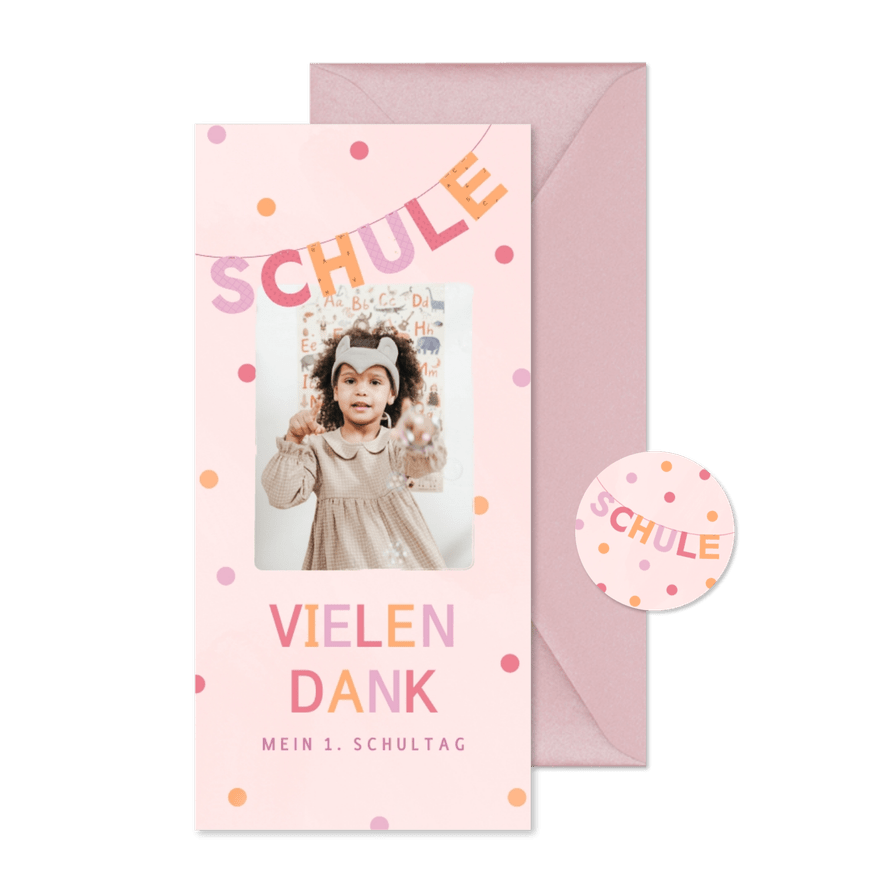 Einschulung Dankeskarte rosa Foto & Konfetti - Karteneindruck