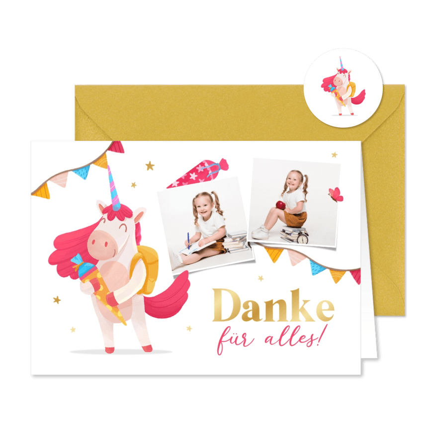 Einschulung Dankeskarte Unicorn mit Schultüte - Karteneindruck