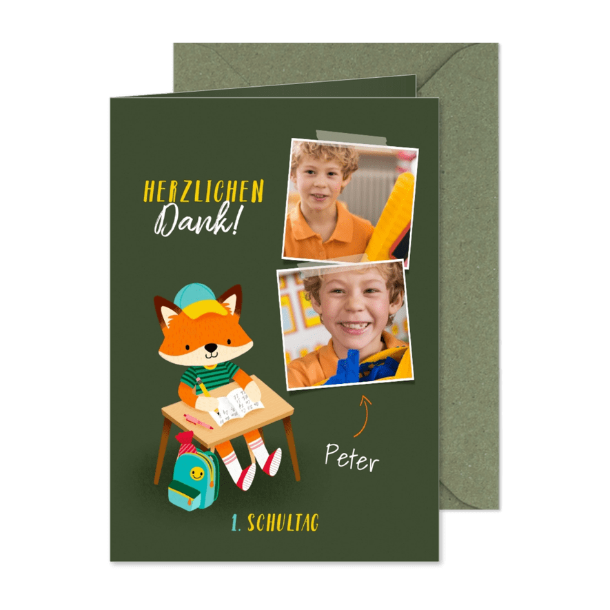 Einschulung Danksagung dunkelgrün Foto & Fuchs - Karteneindruck