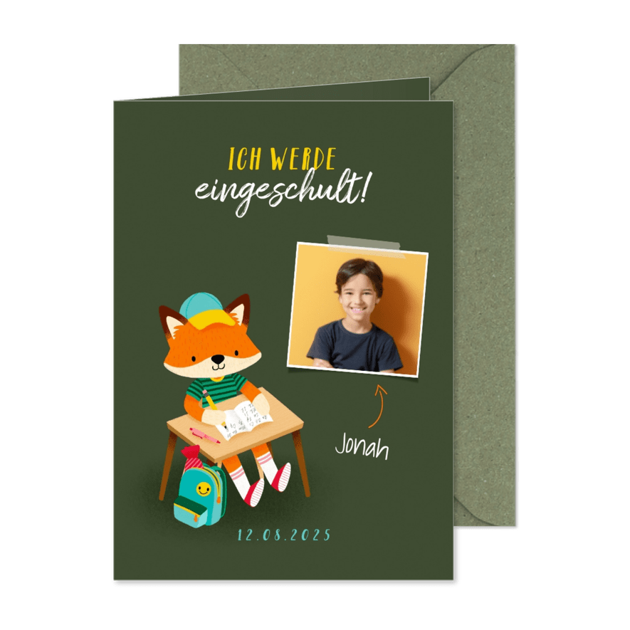 Einschulung Einladung dunkelgrün Foto & Fuchs - Karteneindruck