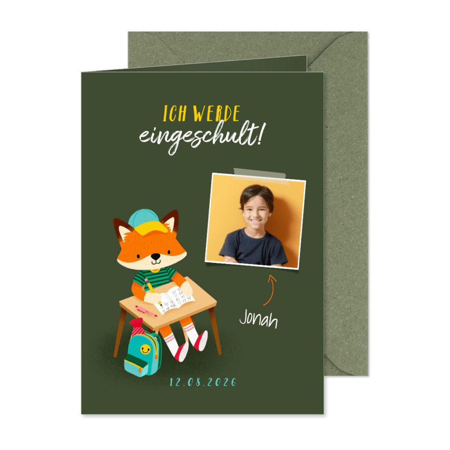 Einschulung Einladung dunkelgrün Foto & Fuchs - Karteneindruck
