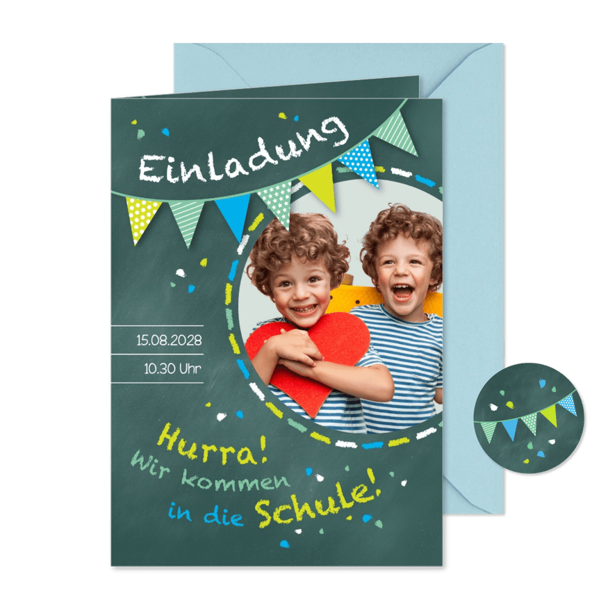 Einschulung Einladung grünblau Zwilling Schultafel & Foto - Kartenvorschau