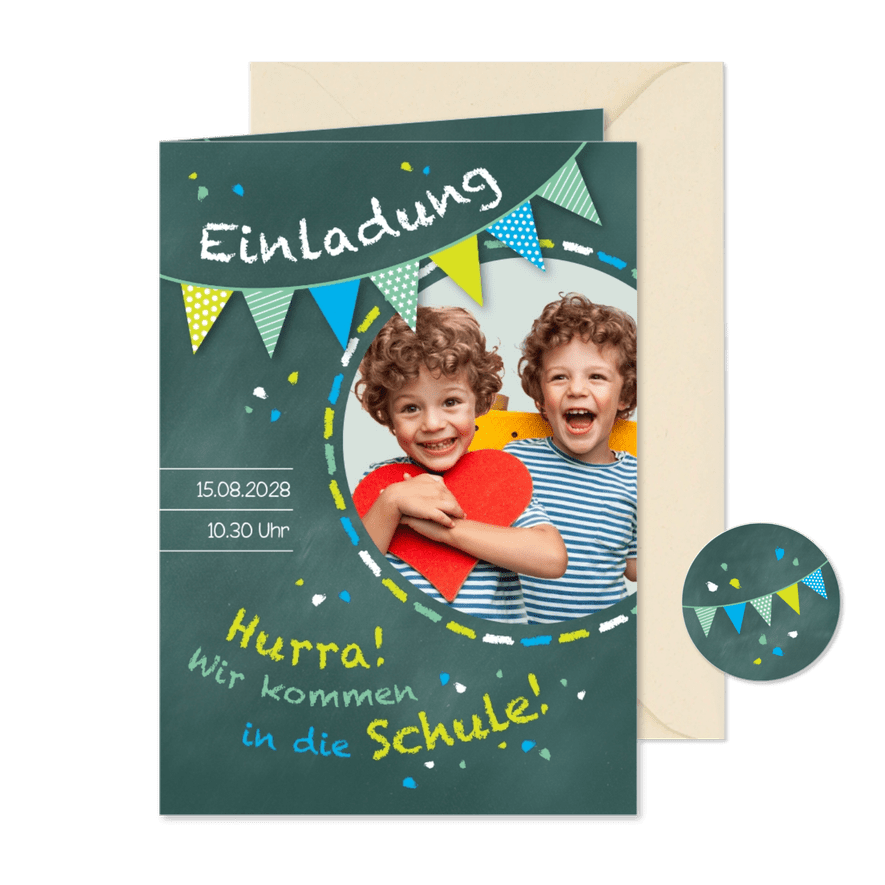 Einschulung Einladung grünblau Zwilling Schultafel & Foto - Karteneindruck
