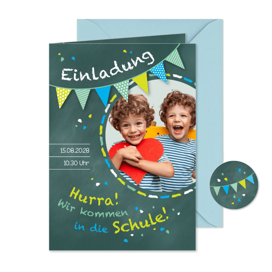 Einschulung Einladung grünblau Zwilling Schultafel & Foto - Karteneindruck