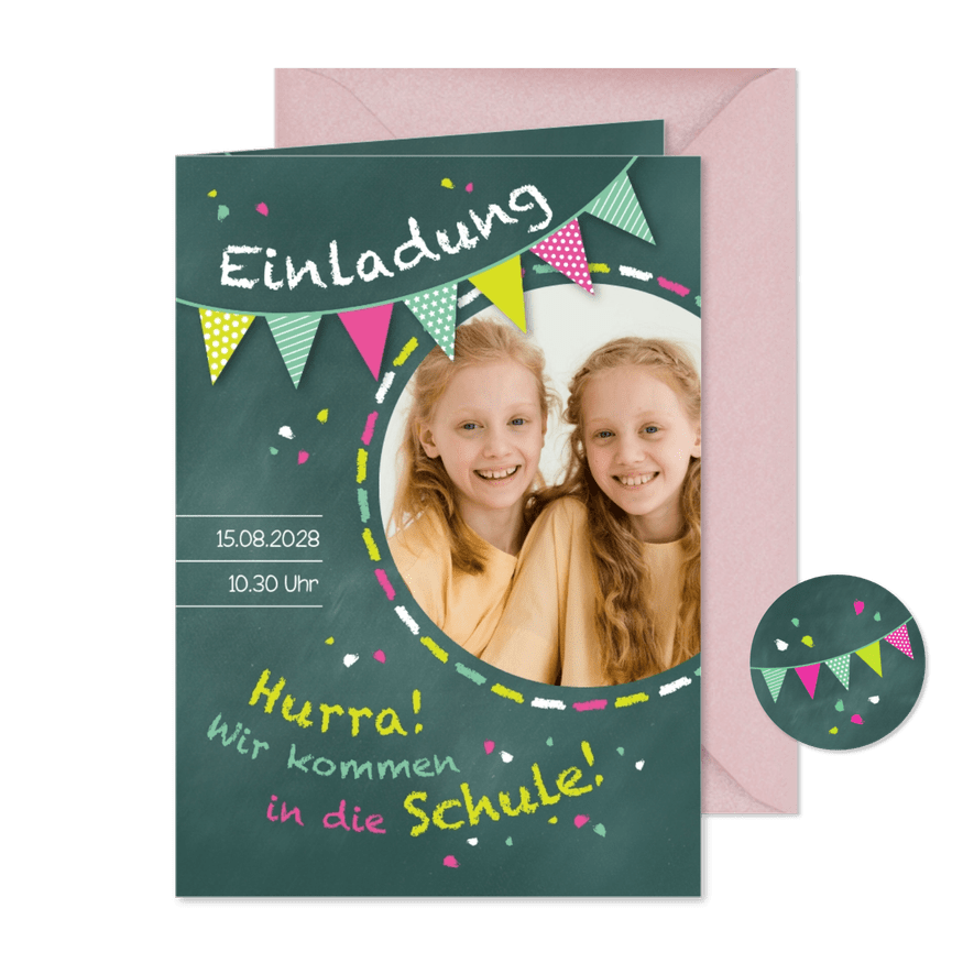 Einschulung Einladung grünrosa Zwilling Schultafel & Foto - Kartenvorschau
