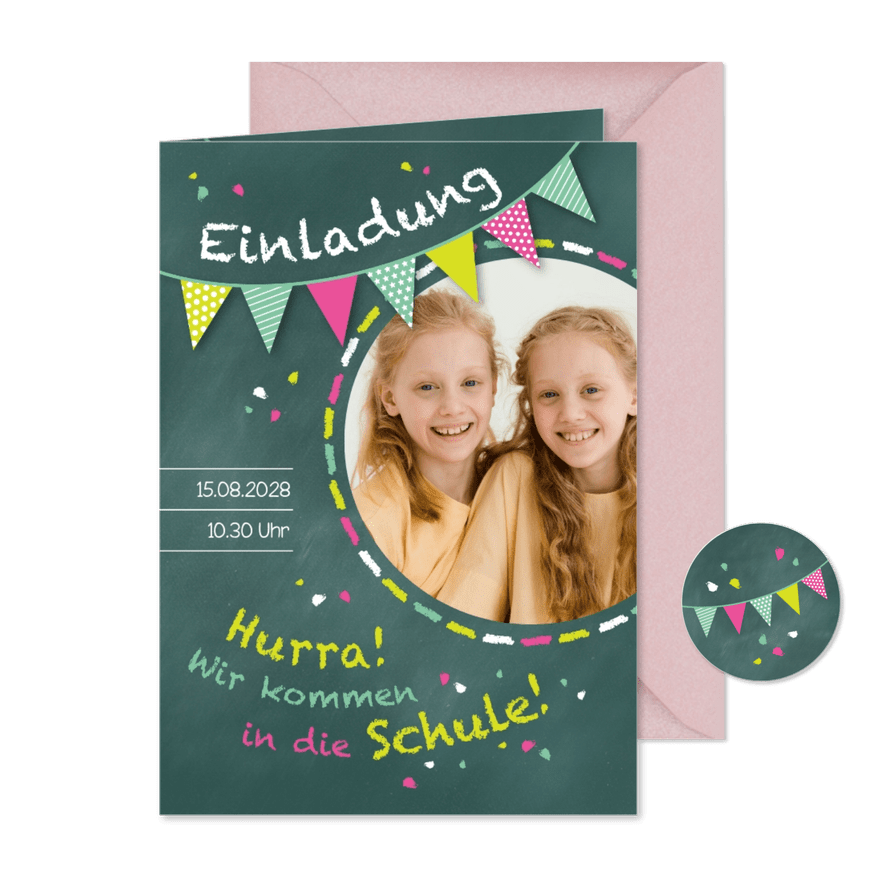 Einschulung Einladung grünrosa Zwilling Schultafel & Foto - Karteneindruck