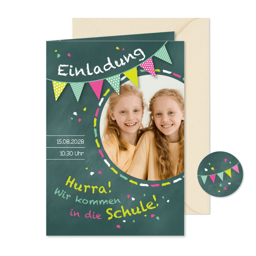 Einschulung Einladung grünrosa Zwilling Schultafel & Foto - Karteneindruck
