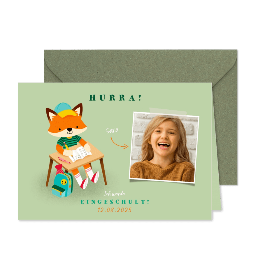 Einschulung Einladung hellgrün Foto & Fuchs - Karteneindruck