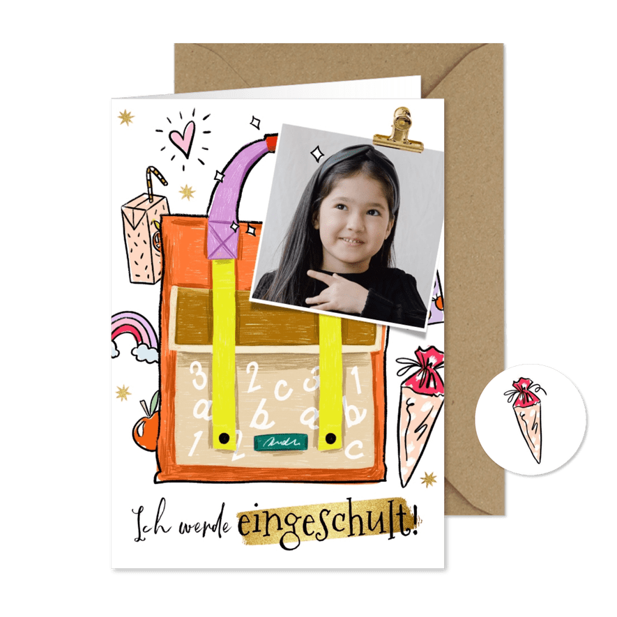 Einschulung Einladungskarte Schultasche bunt & Foto - Karteneindruck
