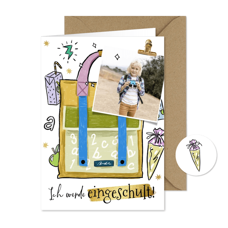 Einschulung Einladungskarte Schultasche grün & Foto - Karteneindruck
