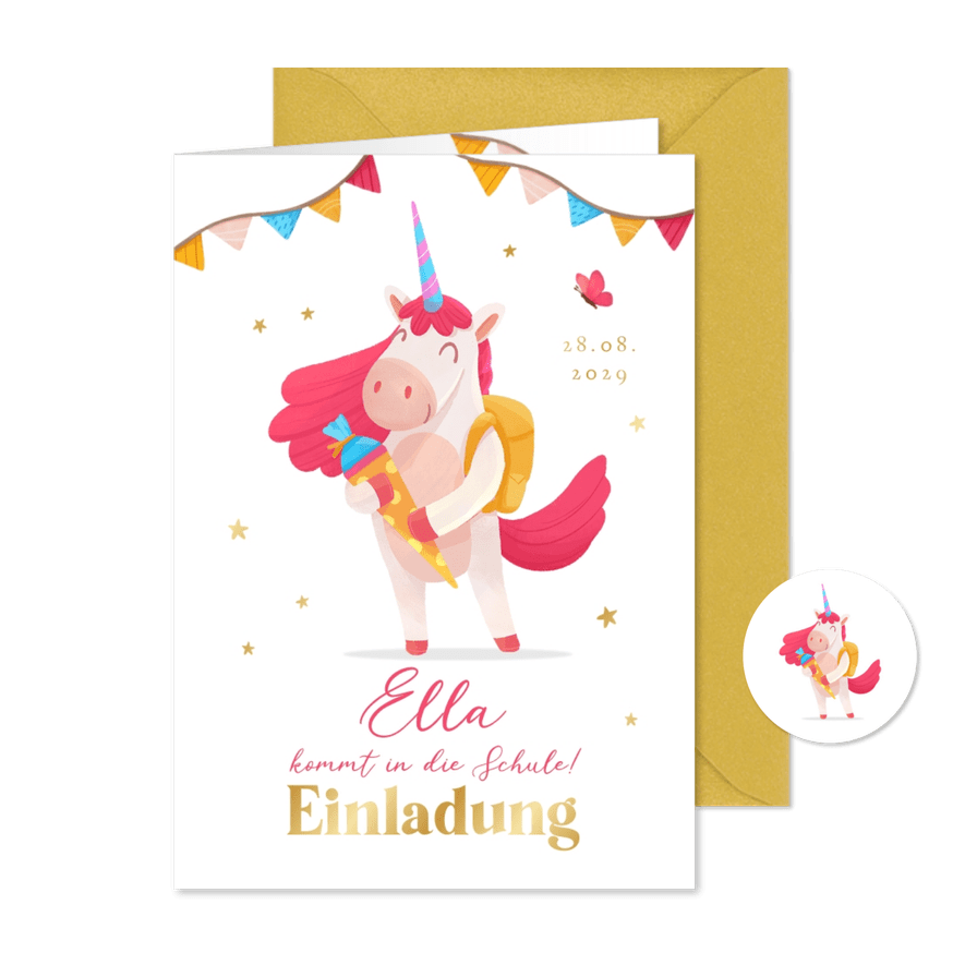 Einschulung Einladungskarte Unicorn mit Schultüte - Karteneindruck